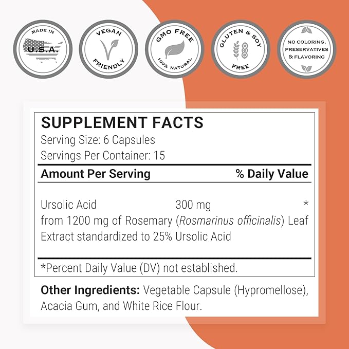 Supersmart - Ursolic Acid 300mg per Day (Well-Tolerated) - Rosemary Leaf Extract Supplement | Non-GMO &amp Gluten Free - 90 Vegetarian Capsules