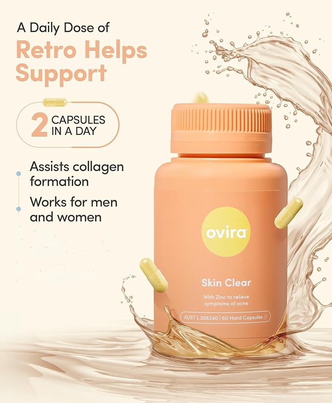 Ovira Skin Clear with ZINCBRIGHT - 60 Capsules for Clear and Glowing Skin | Rosacea &amp Hormonal Acne Treatment | Support Collagen Production | Acne Supplements for Women &amp Men - Pack of 2