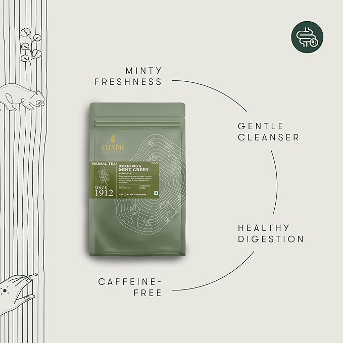 Luxmi Estates Moringa Mint Organic Moringa Mint Green Tea (50 Tea Bags) Caffeine Free Tea Bags For Digestion Detox and Stress Relief With Certified Organic Herbal Tea