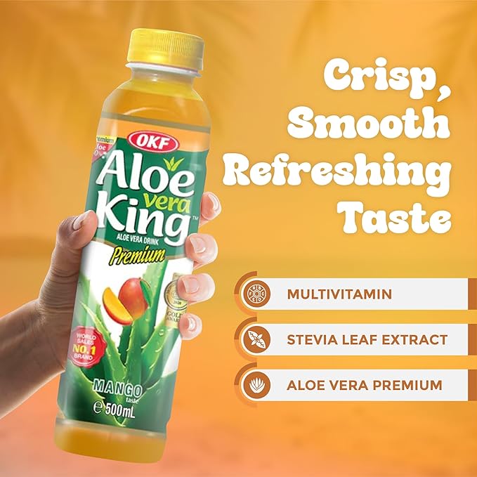 OKF Aloe Vera King Drink with Pure Aloe Pulp Variety Flavors 16.9 oz. (Mango Pack of 20) Korean Premium Health Beverage