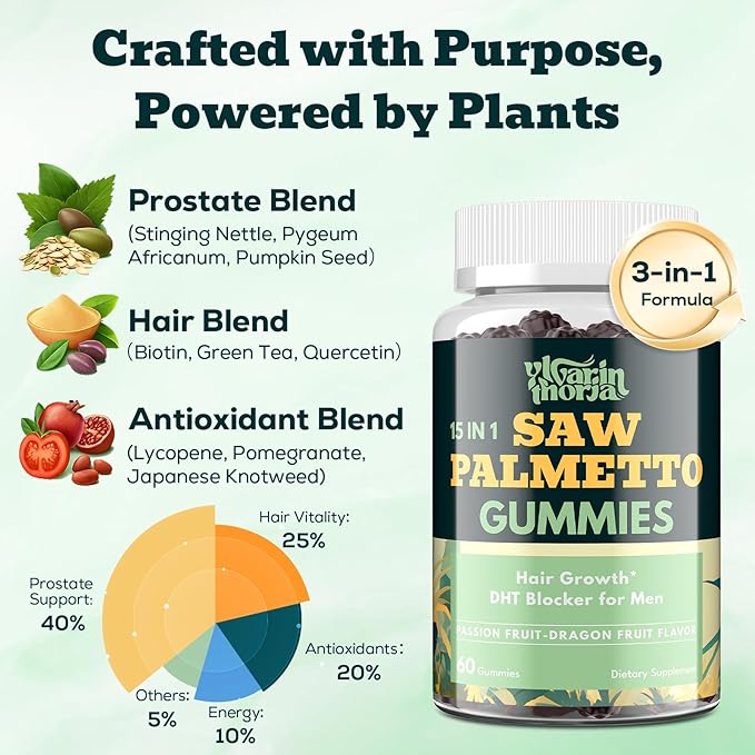 Saw Palmetto Gummies for Men – 600mg Extra Strength DHT Blocker with Biotin Pumpkin Seed – Supports Prostate Function Urinary Flow &amp Hair Regrowth Supplement 60 Passionfruit-Dragonfruit Gummies