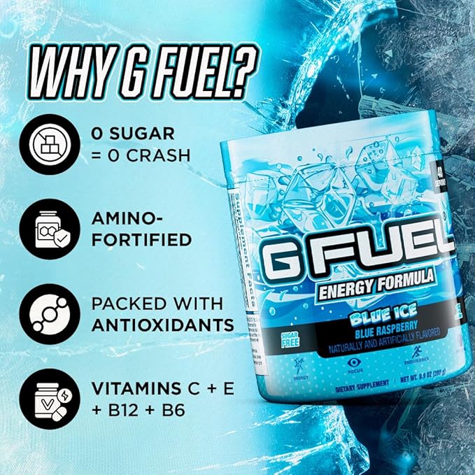 G Fuel Blue Ice Energy Drink Powder Pre Workout Caffeine Mix for Gaming Sugar Free Focus Amino Vitamin + Antioxidants 9.9oz (Blue Raspberry 40 Servings)