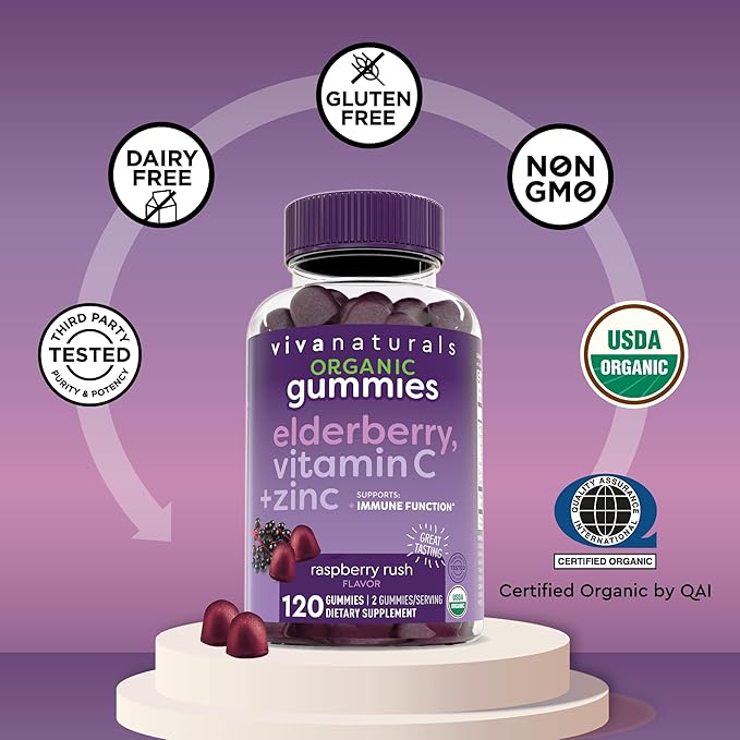 Viva Naturals Organic Sambucus Elderberry Gummies for Adults (120 Count) - 3in1 Black Elderberry Vitamin C and Zinc Immune Support Gummies Chewable Elderberry Supplements Zinc Immunity Gummies