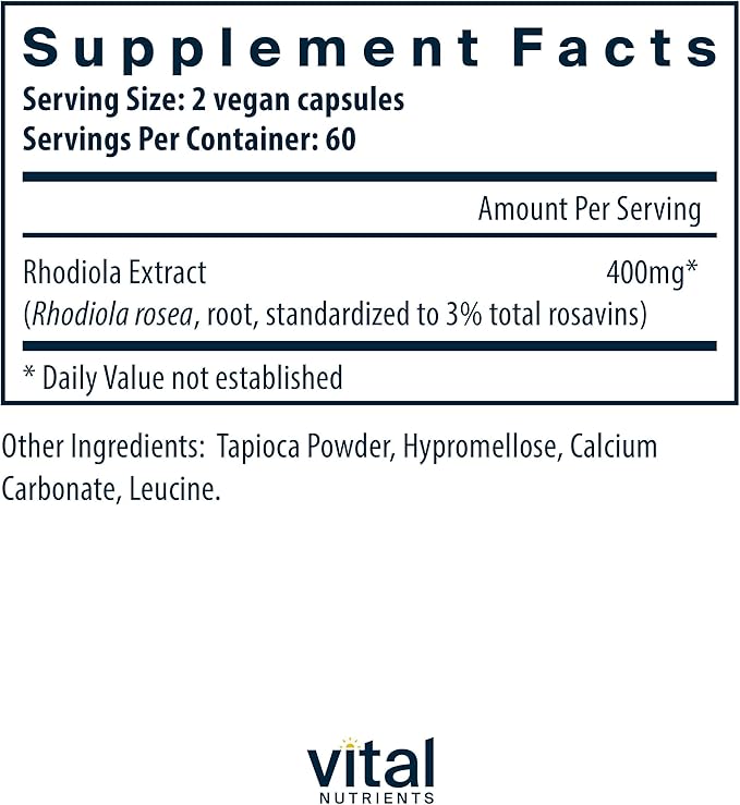 Vital Nutrients Rhodiola Rosea - Rhodiola Supplement for Healthy Energy Memory and Stress Support - Gluten Dairy Soy Free - Non-GMO - 120 Capsules