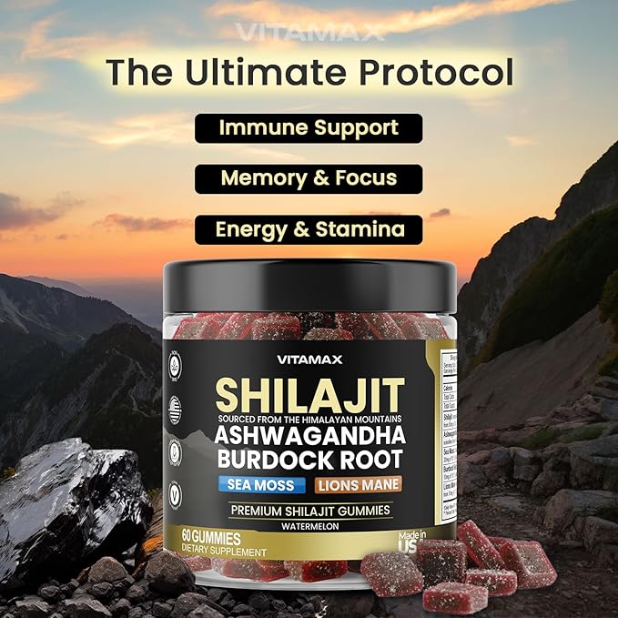 Organic Shilajit Gummies Sea Moss Ashwagandha 105+ Trace Minerals – Organic Burdock Root &amp Lions Mane Mushroom – Watermelon Flavor - Vegan &amp Non-GMO – Made in USA – 60ct