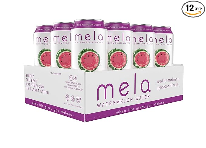 Mela Watermelon Water - Watermelon + Passionfruit | 12 Pack | 100% Natural Watermelon Juice + Passion Fruit Juice | Hydration Beverages | Antioxidant Vitamin C | No Added Sugar | 16.9oz per can