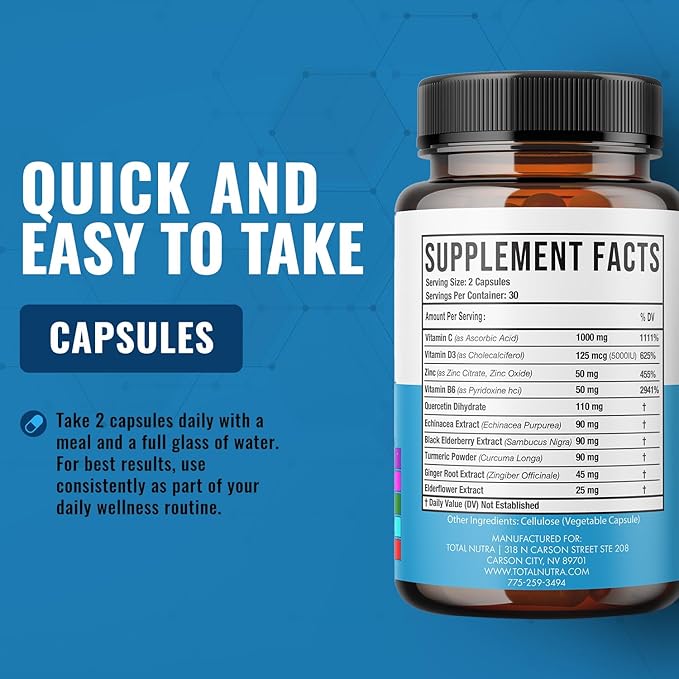 10-In-1 Immune Support Supplement: Immune Boosters for Adults &amp Kids Daily Immunity Defense with Key Immune System Vitamins Zinc Vitamin C and D Plus Elderberry Quercetin Echinacea &amp More