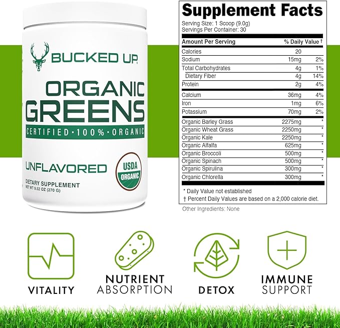 Greens Superfood Powder Unflavored | 8 Most Essential Mixed Greens | Certified 100% Organic | Chlorella Spinach Kale Spirulina Alfalfa Broccoli Wheat Grass &amp Barley Grass | 30 SERV | 9.52 O