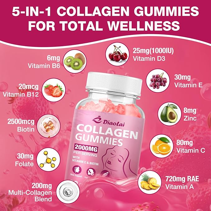 Sugar-Free Multi Collagen Gummies for Women &amp Men – Types I II III V X with Biotin Vitamin C &amp Zinc for Hair Skin &amp Nails | Strawberry Flavor | 120 Gummies