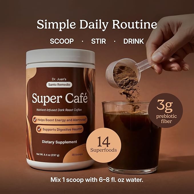 Santo Remedio Super Café Coffee Powder with Prebiotic Fiber &amp Mushrooms Dark Roast 100 mg Caffeine Green Tea &amp Green Coffee Lion’s Mane &amp Ashwagandha 30 Servings