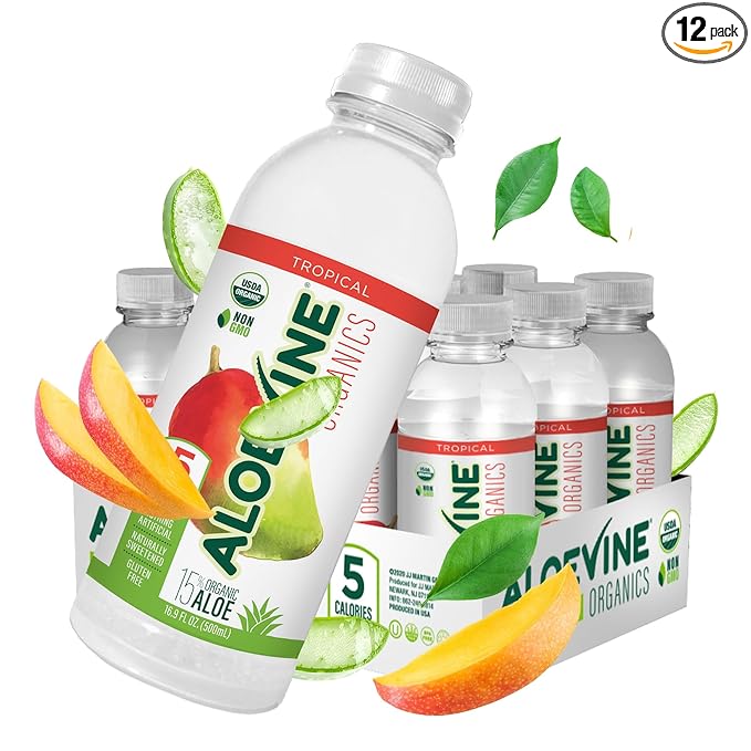 Aloevine Organics Organic Aloe Vera Drink No-Pulp With Aloe Powder &amp Lemon Juice 5 Calories Low Sugar No Artificial Ingredients 16.9 oz 12 Pack Tropical