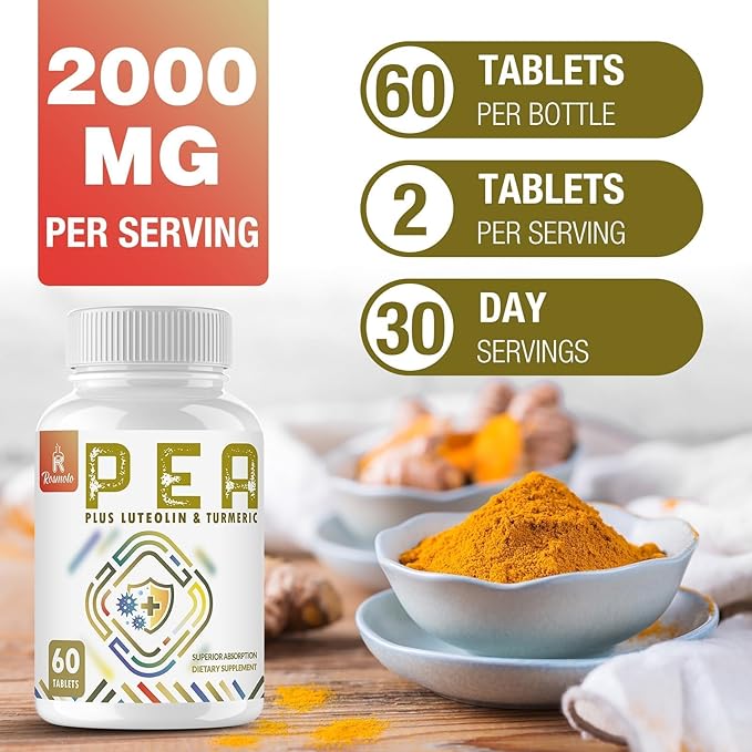 1500 MG Palmitoylethanolamide with Luteolin 98% &amp Turmeric High Absorption Micronized Pea Supplement for Discomfort Management- USA Made - 120 Tablets