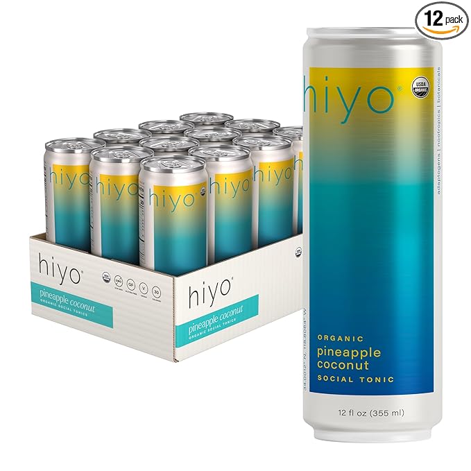 Hiyo Organic Social Tonic - Pineapple Coconut 12 Pack - N.A. Functional Seltzer Sparkling Water Crafted with Organic Adaptogens Nootropics &amp Botanicals
