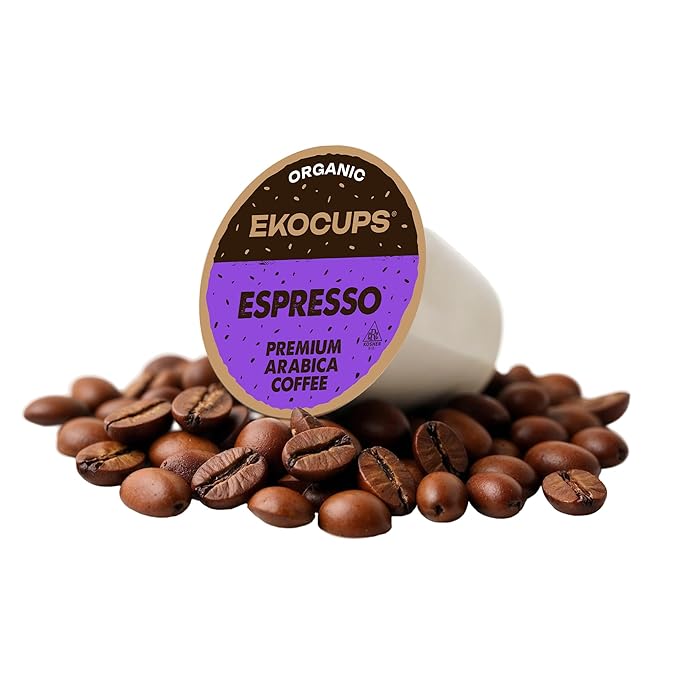 EKOCUPS Organic Espresso Roast Coffee Pods Extra 30% More Coffee Per Cup Artisan Fair Trade Dark Roast Espresso Coffee for Keurig K Cup Machines Recyclable Pods 40 Count