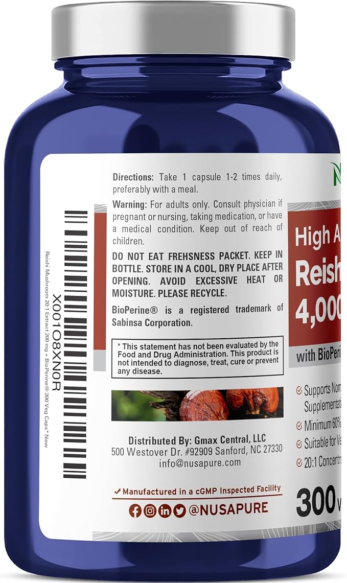 NusaPure Reishi Mushroom Extract 20:1 Extract 200 mg Equivalent to 4000mg per Capsule 300 Veggie Caps Vegan Non-GMO Vegan