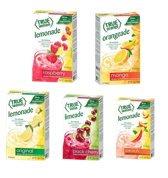 True Lime 7 flavor variety Pack: WATERMELON AQUA FRESCA LIMEADE Original Lemonade Peach Black Cherry Raspberry &amp Mango Orange. True Citrus Assorted Beverage Pack: (7 boxes) Red