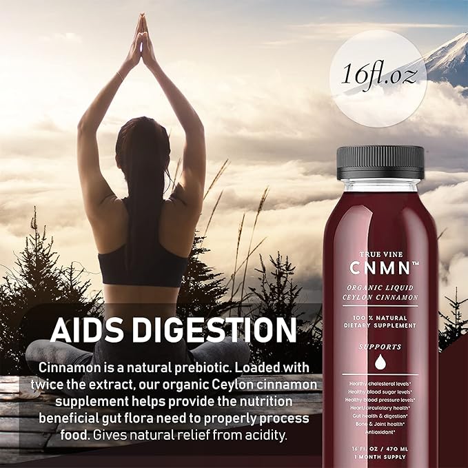 True Vine 3200mg Liquid Ceylon Cinnamon Supplement (Made in USA) for Healthy Heart Blood Pressure Sugar Cholesterol Gut &amp Joints — 100% Organic Ceylon Cinnamon to Fight Free Radicals (16 fl oz