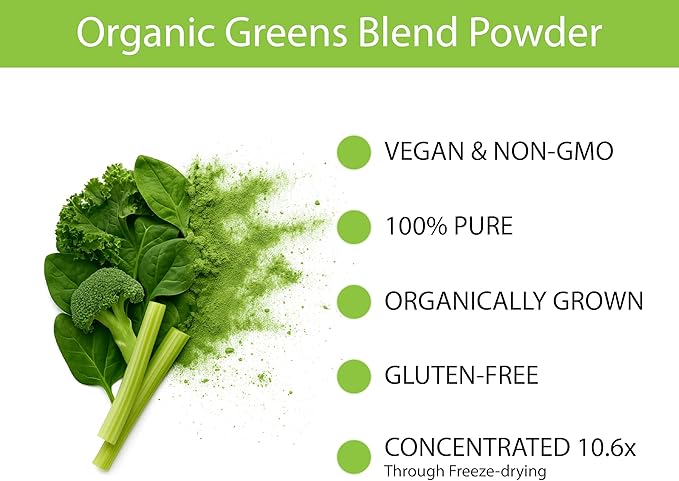 KOYAH - Organic Greens Blend Powder (Equivalent to 30 Cups Fresh Greens): Freeze-Dried Whole-Vegetable