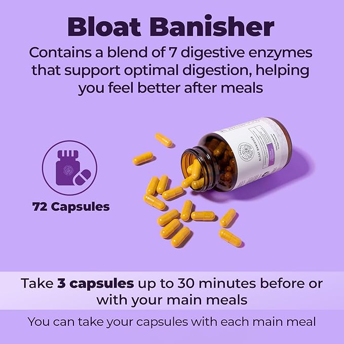 Happy Mammoth Bloat Banisher Natural Relief for Bloating Gas Indigestion &amp Discomfort. Promotes Healthy Digestion of Even Difficult Foods Like Dairy Breads Pizza Cheese &amp Meats. 72 Caps