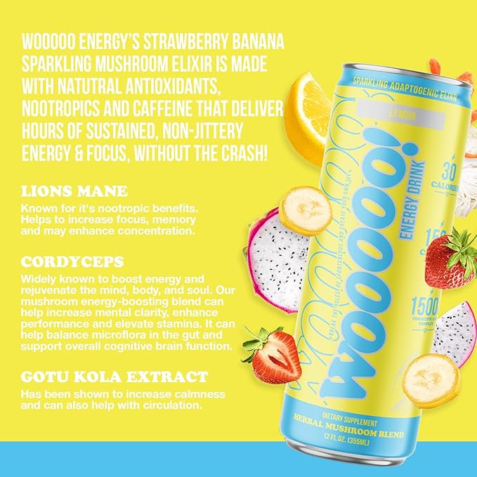 Wooooo! Energy Ric Flair Sparkling Adaptogenic Mushroom Energy Drink | Natural Antioxidants &amp Nootropics | Lion’s Mane &amp Cordyceps | 150mg Caffeine | 12 Pack (Lemon)