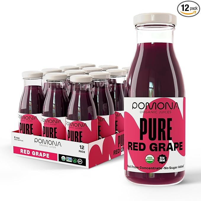 Pomona Organic Juices Pure Grape Juice 8.4 Ounce Bottle (Pack of 12) Cold Pressed Organic Juice Non-GMO No Sugar Added Not from Concentrate Gluten Free Preservative Free