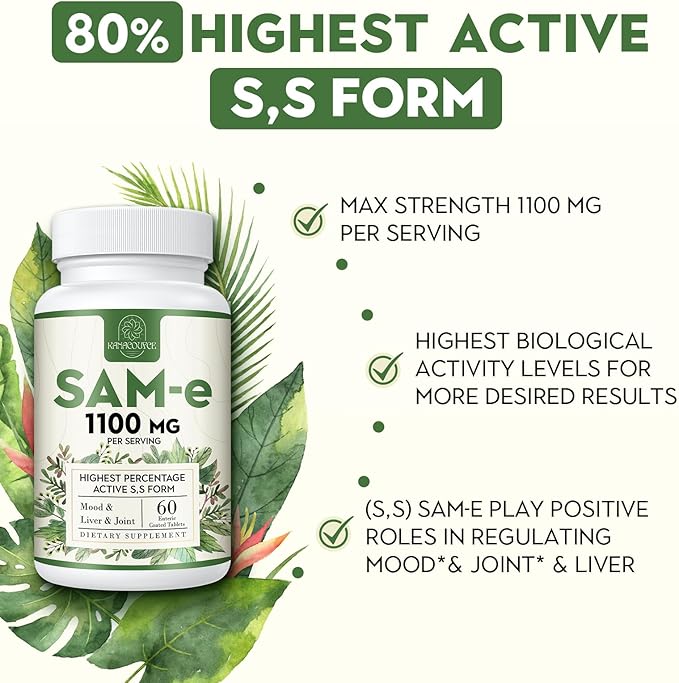 1100mg SAM-e (S-Adenosyl-L-Methionine) SAM e Supplement for Mood Joint &amp Liver Highest Concentration of Active SS Form Same Vegan 60 Tablets
