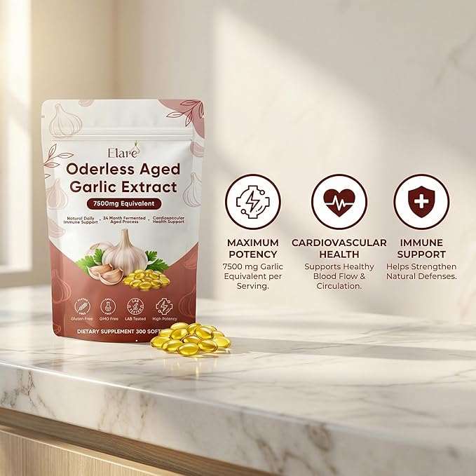 ELARE Aged Garlic Extract - 7500mg Odorless Softgels 300 Organic Garlic Softgels 2-Year Matured Antioxidant Formula Vegetarian Non-GMO All-Natural (1)