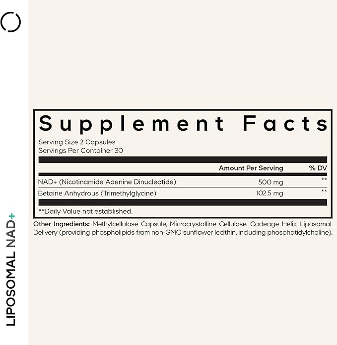 Codeage Liposomal NAD+ Supplement - NAD Nicotinamide Adenine Dinucleotide Coenzyme Pills - 500 mg NAD+ Per Serving &amp Betaine Anhydrous - Liposomal Delivery - Vegan Non-GMO Gluten-Free - 60 Capsu