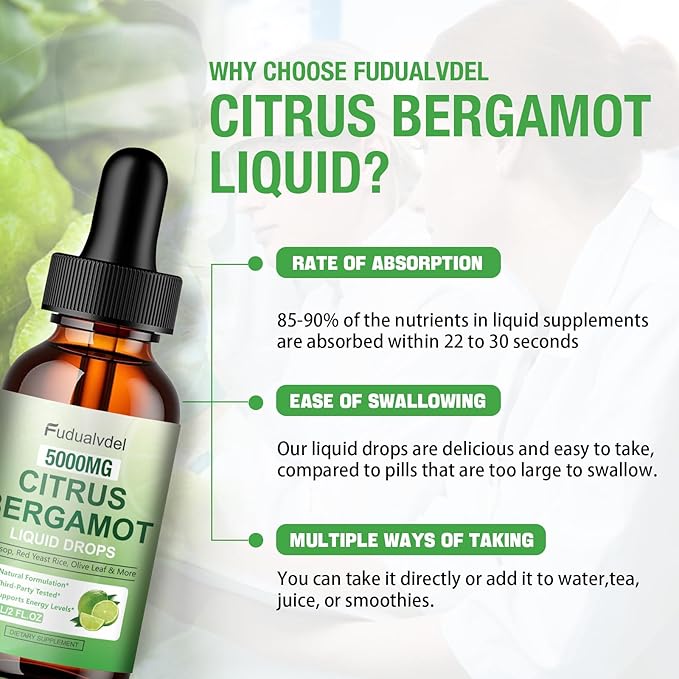 2 Packs 5000mg Citrus Bergamot Liquid DropsReduce Triglycerides Bergamot Supplement for High Cholesterol Immune Support for Anti AgingAntioxidantLime BitterNatural Olive Leaf Extract4 Fl Oz