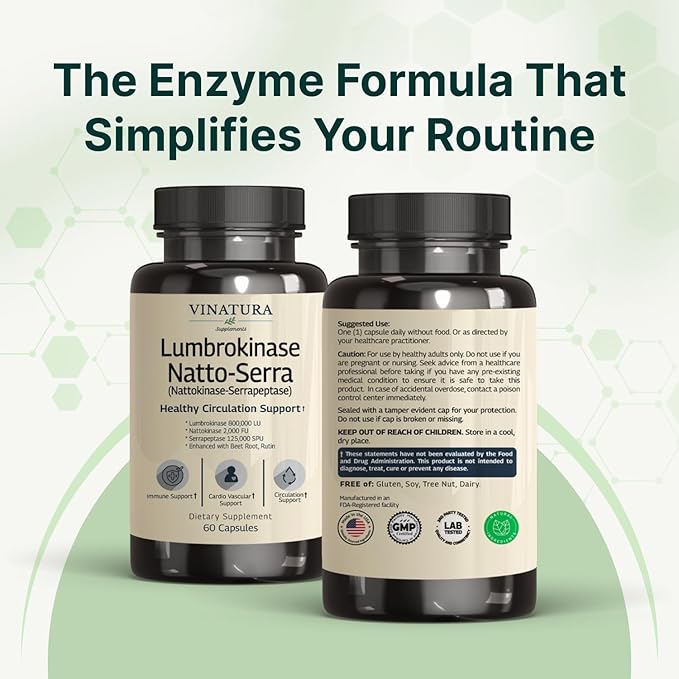VINATURA Lumbrokinase Nattokinase 2000FU &amp Serrapeptase - USA Made &amp Tested Circulation Supplements of Nattokinase Serrapeptase (Natto-Serra) Rutin Beetroot Lumbrokinase Supplement