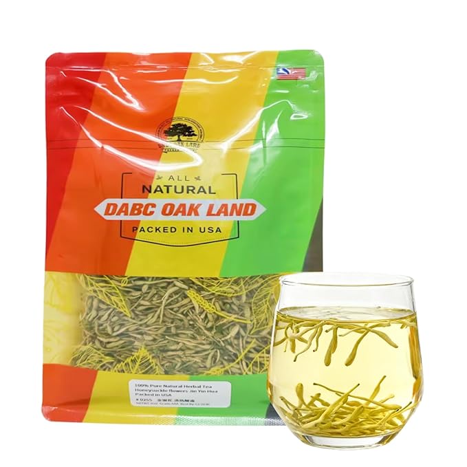 DABC OAK LAND 16OZ Premium Dried Honeysuckle Tea Jin Yin Hua Honeysuckle Flowers Buds Wild Lonicera Japonica Chinese Traditional Loose Herbal Tea Caffeine Free - Refreshing &amp Clean Taste 金银花 1LB/B