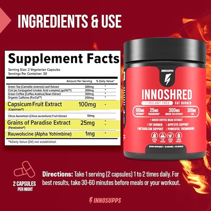 Inno Shred - Day Time Burner | Stimulant Free | 100mg Capsimax Grains of Paradise Green Tea Extract (60 Veggie Capsules) | (Stimulant Free)