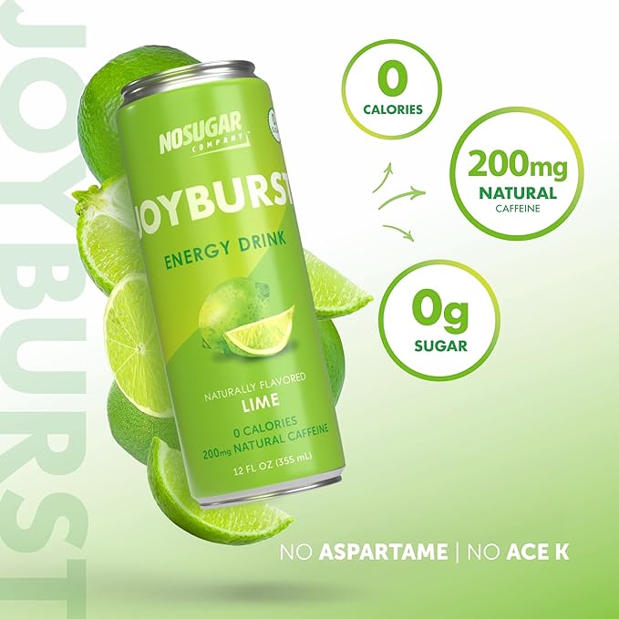 No Sugar Joyburst Energy Drink Lime 0 Calorie 0 Sugar Sugar Free Energy Drink with Natural Caffeine Hint of Sweetness and Refreshing Sparkling Water - 12 Packs