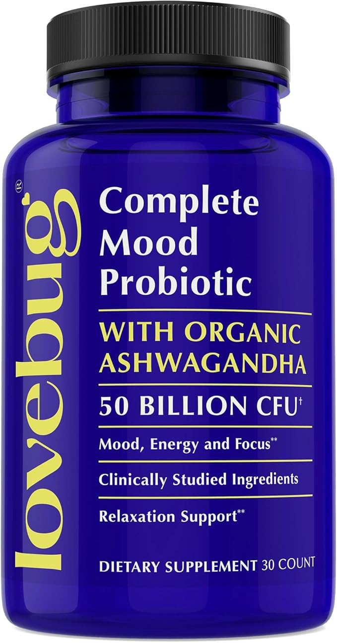 LoveBug Complete Mood Probiotics for Women - 50 Billion CFU 10 Clinically Studied Strains Lactobacillus Bifidobacterium Probiotic with Ashwagandha Digestive Health Mood Support Supplement 30 Count