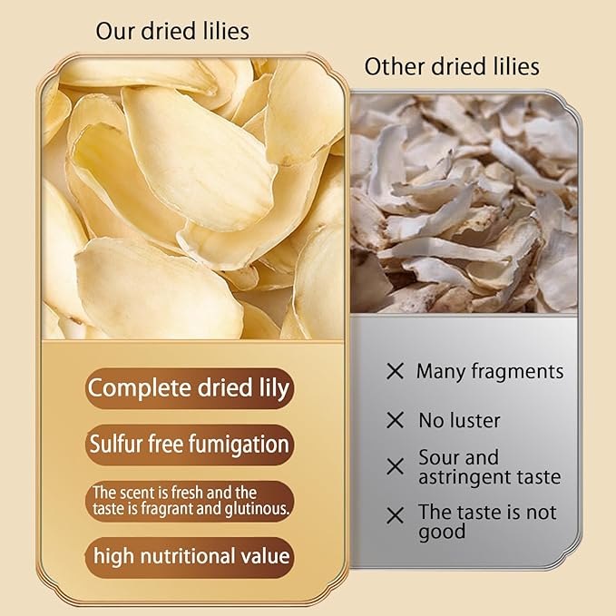 Dried Lily Bulb Lily Bulbs Bai He 10.6oz/300g (150g*2) Boil Soup and Congee Health Chinese Herbal Tea Add to breakfast Oatmeal Congee Sulfur Free No Addition 百合 百合干 龙牙百合 银耳莲子百合羹