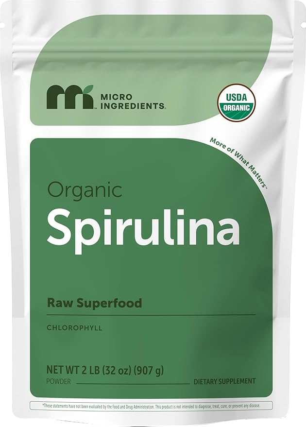Micro Ingredients Organic Spirulina Powder 2lb | Blue-Green Algae Rich in Vegan Protein Vitamins &amp Minerals | Source of Natural Chlorophyll &amp Enzymes | Non-GMO Gluten-Free No Additives