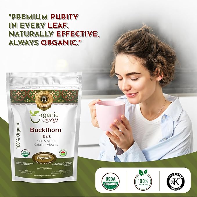 Organic Way Dried Buckthorn Bark (Frangula Alnus) Cut &amp Sifted - Organic &amp Kosher Certified | Raw Vegan Non GMO &amp Gluten Free | USDA Certified | Origin - Albania (1LBS / 16Oz)
