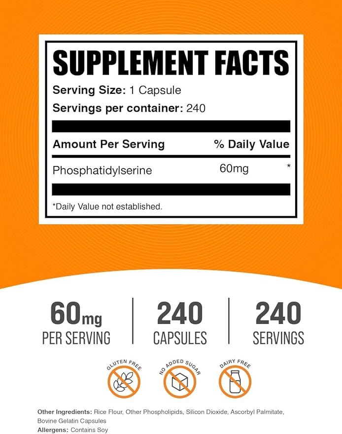 BulkSupplements.com Phosphatidylserine Capsules - Phosphatidylserine Supplement - Gluten Free 1 Capsule per Serving (60mg) 240 Capsules (Pack of 1)