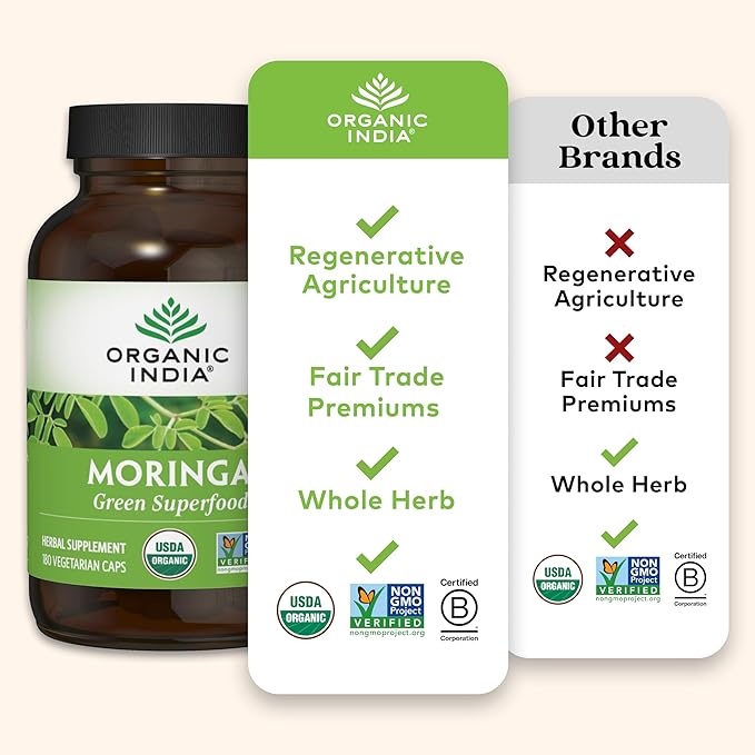 ORGANIC INDIA Moringa Capsules Organic - Moringa Supplement - Green Superfood Pure Supergreen Vegan Greens Nature's Multivitamin Vegan Gluten-Free - 180 Capsules