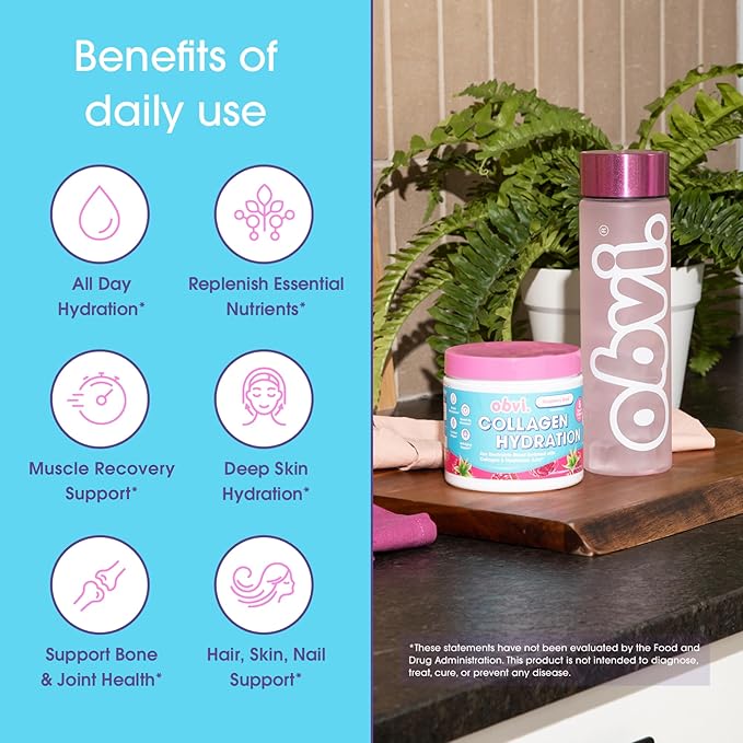 Obvi Hydration Powder | Electrolyte &amp Collagen Peptide Complex | 5 Types of Collagen with Hyaluronic Acid | Supports Skin Elasticity &amp Joint Health | Sugar-Free | Raspberry Rose 30 Servings