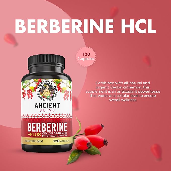 Ancient Bliss Berberine HCL 1200mg with Ceylon Cinnamon Bitter Melon and Green Tea Extract - 120 Capsules