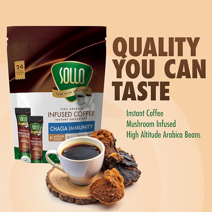 Sollo Infused Instant Chaga Mushroom Coffee Sticks (24 Servings) Memory &amp Clarity Support 100% Chaga Medium-Dark Roast Arabica Freeze Dried Coffee in Single Serve Sticks.