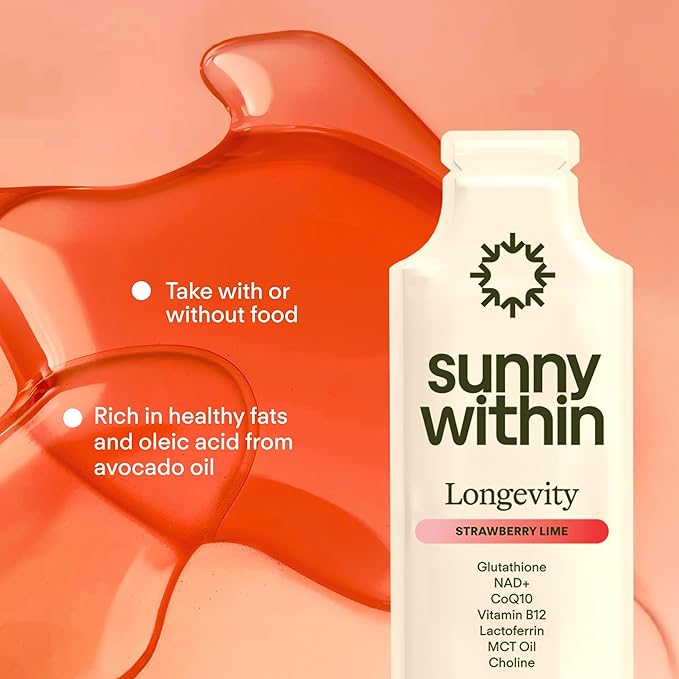 Longevity – Liposomal NAD+ Glutathione Supplement w/Liquid NAD+ CoQ10 B12 MCT &amp Avocado Oil – Cellular Health Energy Brain Gut &amp Heart Support* – Strawberry Lime – 30 Pouches