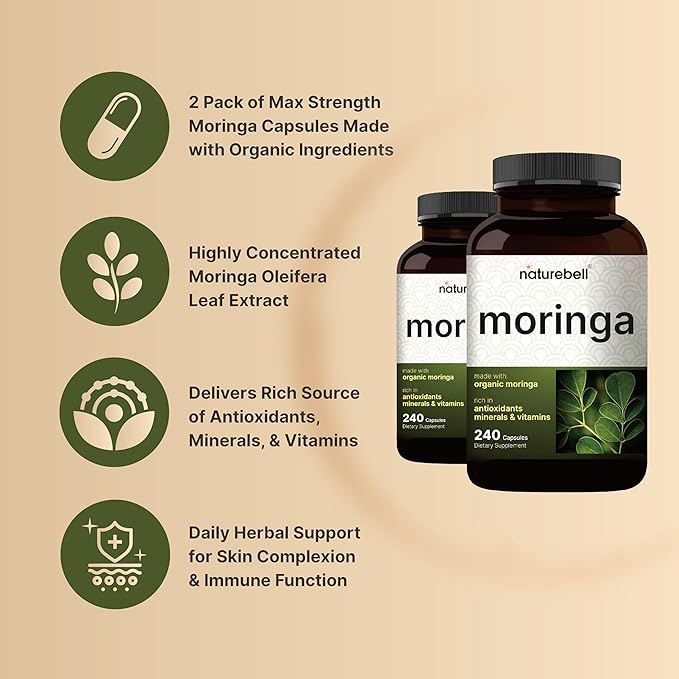NatureBell Pure Moringa Capsules 2 Pack | Made with Moringa Powder Organic 480 Capsules – Green Superfood Skin Health &amp Immune Support – Non-GMO Gluten Free 8 Month Supply*