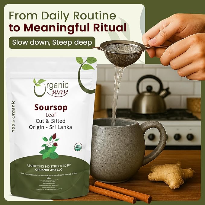 Organic Way Dried Soursop Leaf Coarse Cut (Annona Muricata) - Herbal Tea | Vegan Non GMO &amp Gluten Free | Kosher Certified &amp Resealable Bag | 100% Raw from Sri Lanka (1Lb 16 Oz)