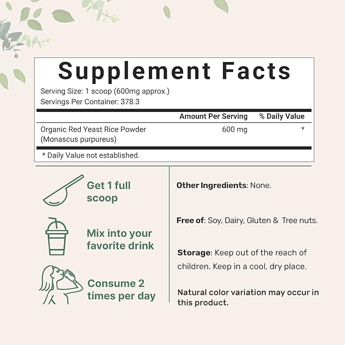 Organic Red Yeast Rice Powder 8 Ounce (1 Year Supply) Non-GMO Vegan Friendly