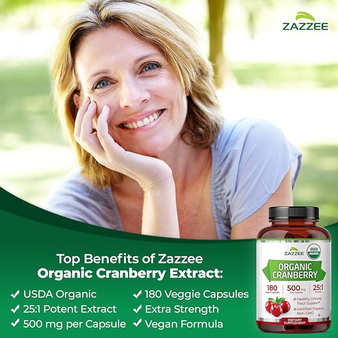 Zazzee USDA Organic Cranberry 25:1 Extract 500 mg per Capsule 180 Vegan Capsules 6 Month Supply Certified Kosher Vaccinium Macrocarpon Urinary Tract &amp Bladder Support Non-GMO Made in the U