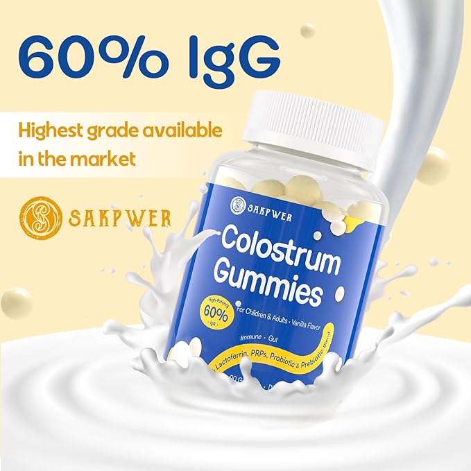 Bovine Colostrum Supplement Gummies - with 60% Highest IgG Lactoferrin Probiotics and Prebiotics for Adults and Kids Vanilla Flavor &amp Sugar Free 90 Gummies