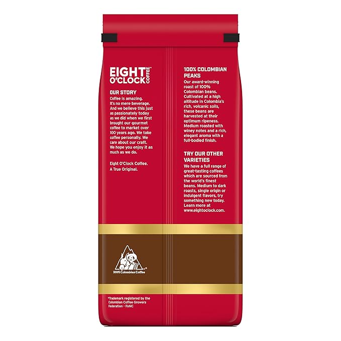 Eight O'Clock Coffee 100% Colombian Peaks Ground Coffee Medium Roast 30 Ounce (Pack of 1) - Rich Winey &amp Full Bodied