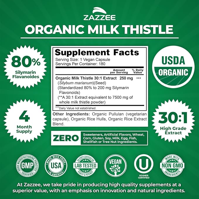 Zazzee USDA Organic Milk Thistle 30:1 Extract 80% Silymarin 180 Vegan Capsules 6 Month Supply Certified Kosher High Potency Liver &amp Antioxidant Support Silybum Marianum Non-GMO Made in the